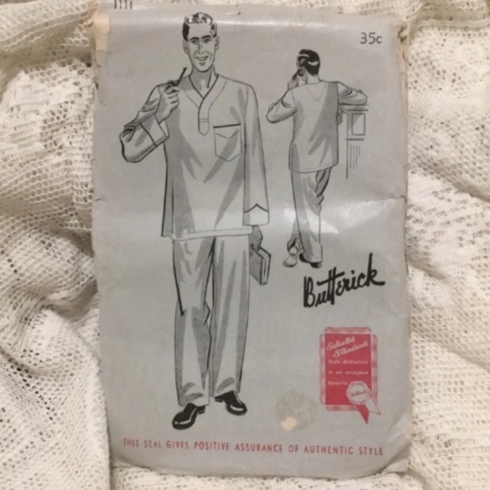 40s men’s pajamas sewing pattern, Butterick 1111, chest 42”